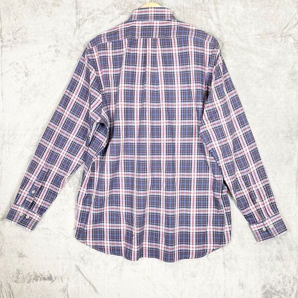 Peter Millar Shirt Men Large Button Up Blue Red White Tartan Plaid Spread - Picture 2 of 5